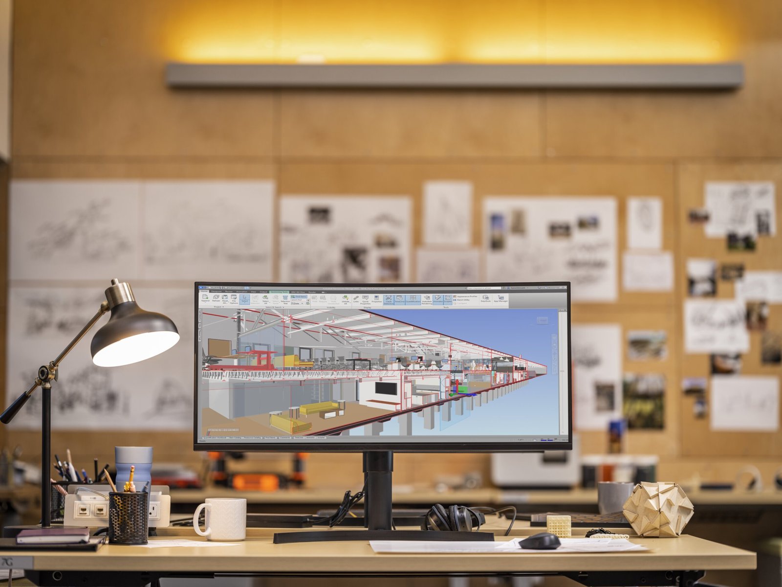 Desk in an architecture office with Navisworks Manage software on the monitor.
